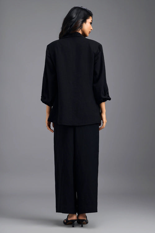 Black Geometric Bralette with Relaxed Blazer and Wide-Leg Trousers