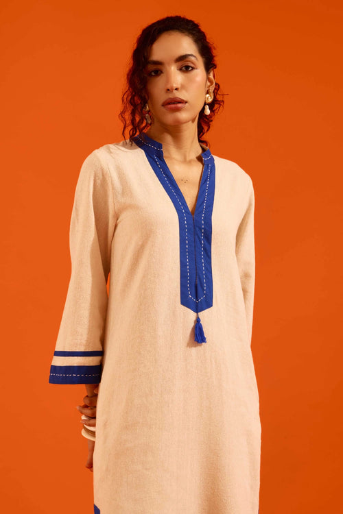 Natural Jute Tunic Set with Blue Thread Embroidery