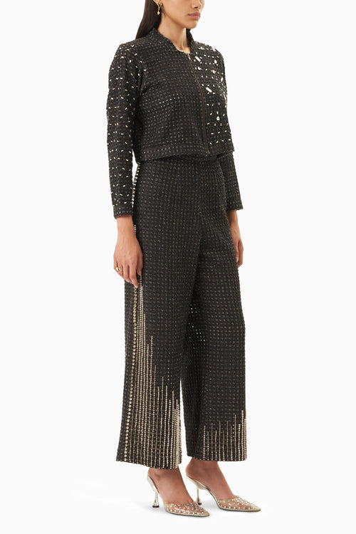 Black Denim Lazercut Crystal Jacket with Pants