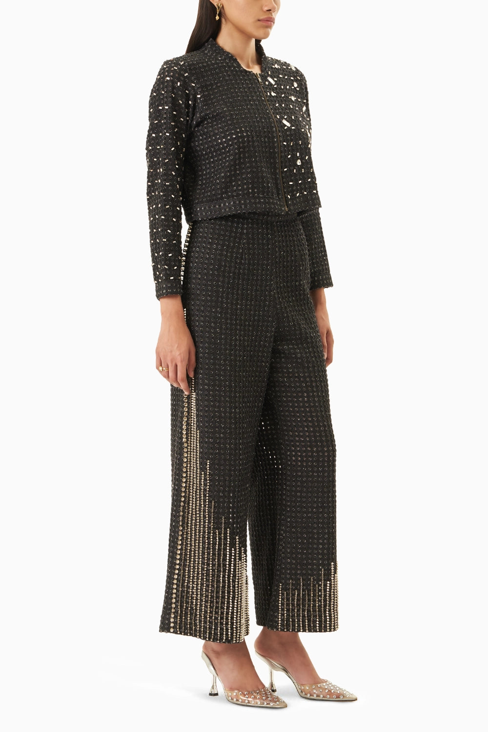 Black Denim Lazercut Crystal Jacket with Pants