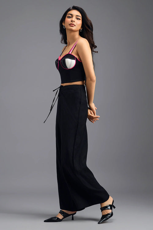 Black Geometric Bralette with Relaxed Blazer and Wide-Leg Trousers