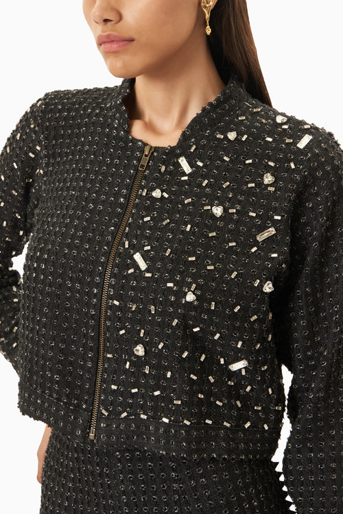 Black Denim Lazercut Crystal Jacket with Pants