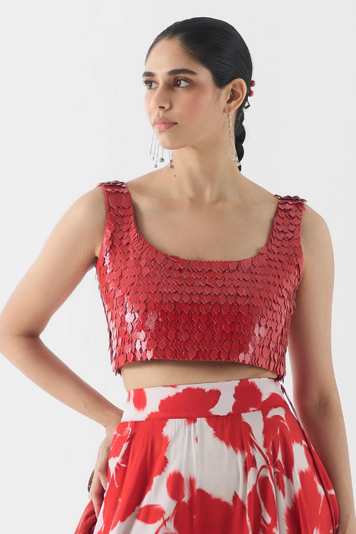 Red Ink Leather Blouse With Skirt Set