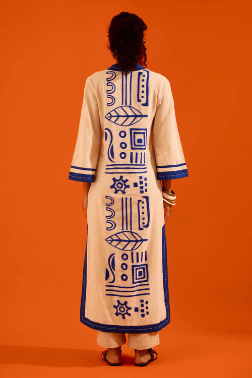 Natural Jute Tunic Set with Blue Thread Embroidery