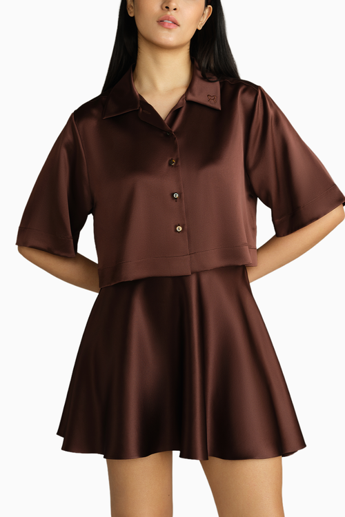 Espresso Silk Cropped Bowling Shirt