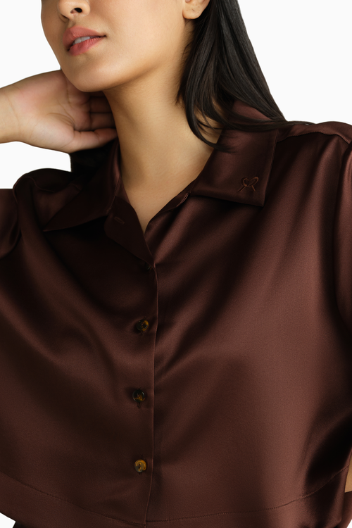 Espresso Silk Cropped Bowling Shirt