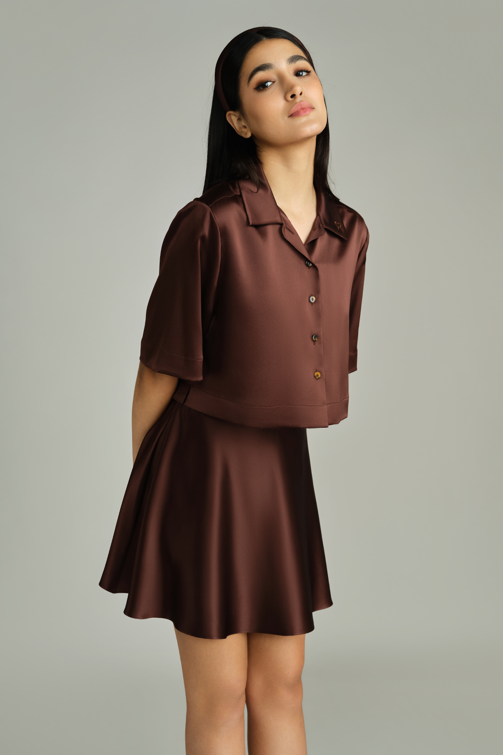 Espresso Silk Cropped Bowling Shirt