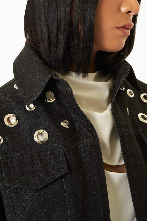 White Harley Bodysuit & Silver Eyelet Pant with Denny Jacket