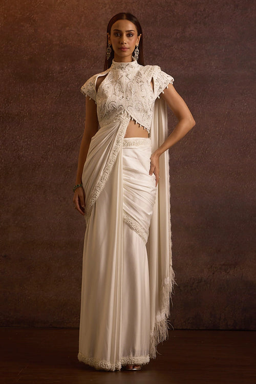 Nirvi Ivory Embellished Hi Neck Blouse With 2 Way Draped Saree