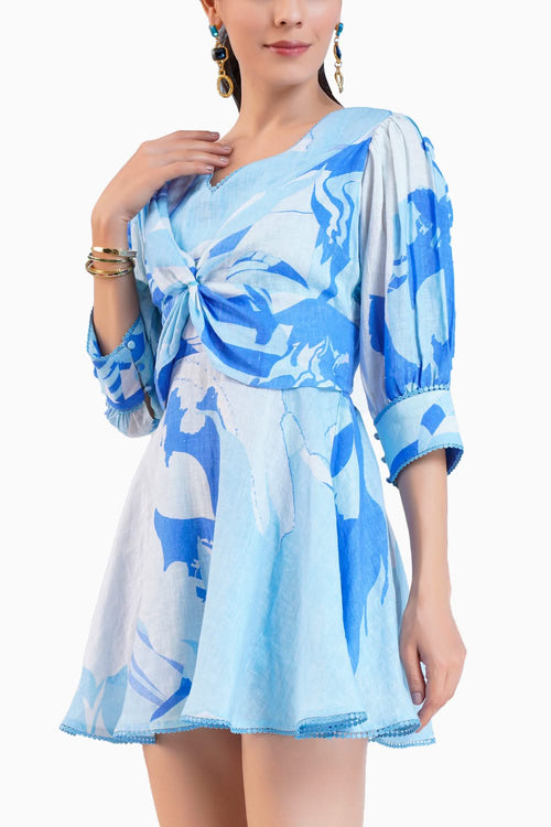 Printed Cotton Short Dress With Knot And Lace Detail