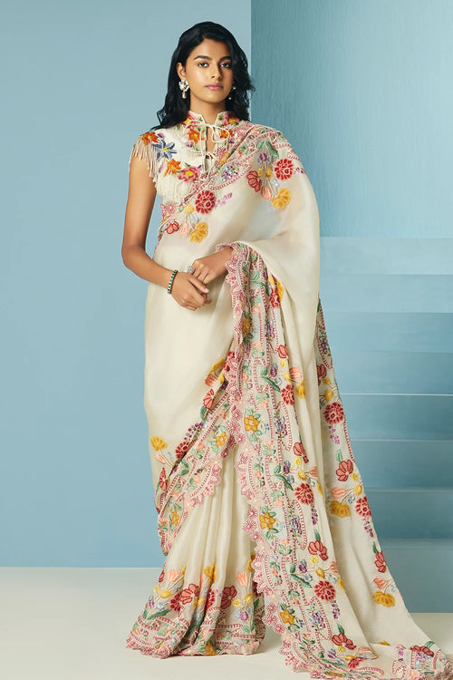 Ivory Cordwork And Beadwork Saree