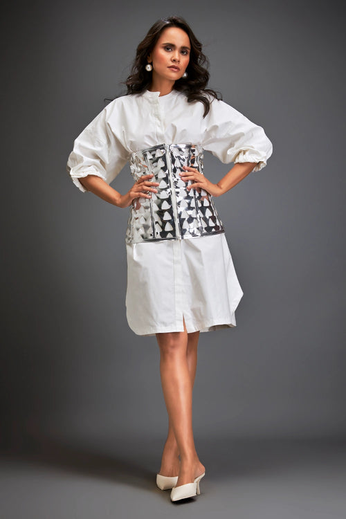 White Structured Metallic Layered Shirtdress
