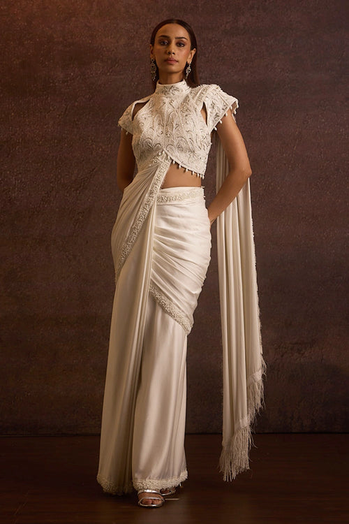 Nirvi Ivory Embellished Hi Neck Blouse With 2 Way Draped Saree