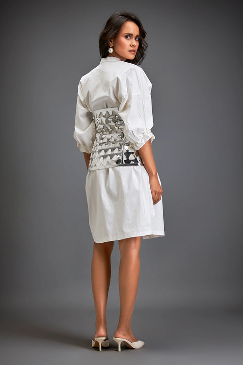 White Structured Metallic Layered Shirtdress
