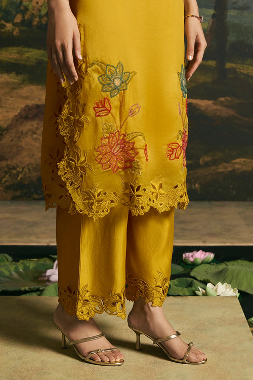Amber Yellow Blossom Kimono Kurta With Pants