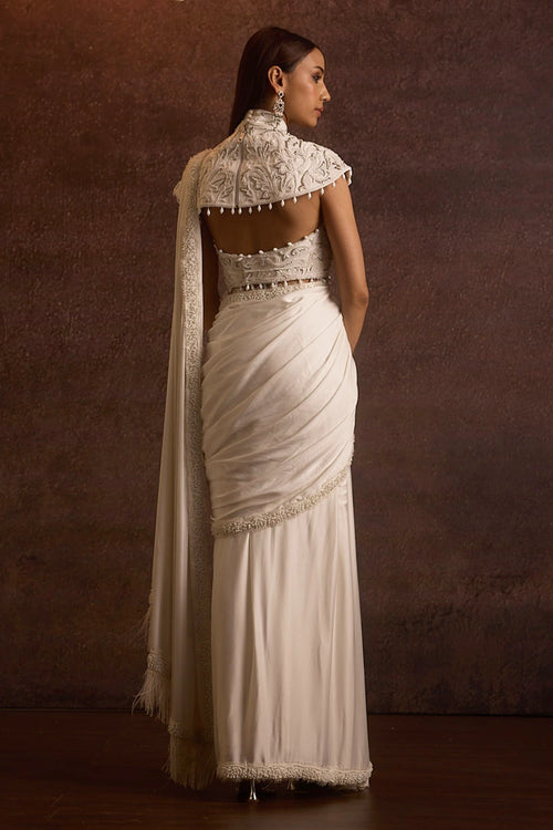 Nirvi Ivory Embellished Hi Neck Blouse With 2 Way Draped Saree
