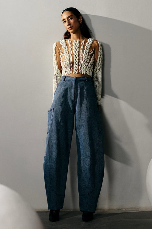 Distressed Denim Barrel Pants