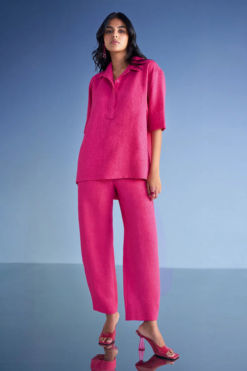 Linen-Textured High-Low Top and Straight-Cut Pant Set