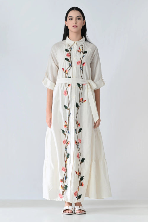 Ivory Floral Garden Embroidered  Long Dress