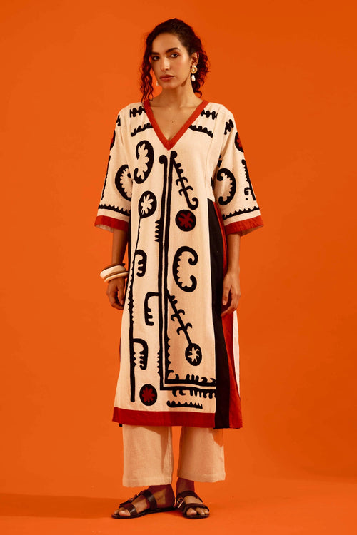 Natural Jute Embroidered Tunic Set with Maasai Motif