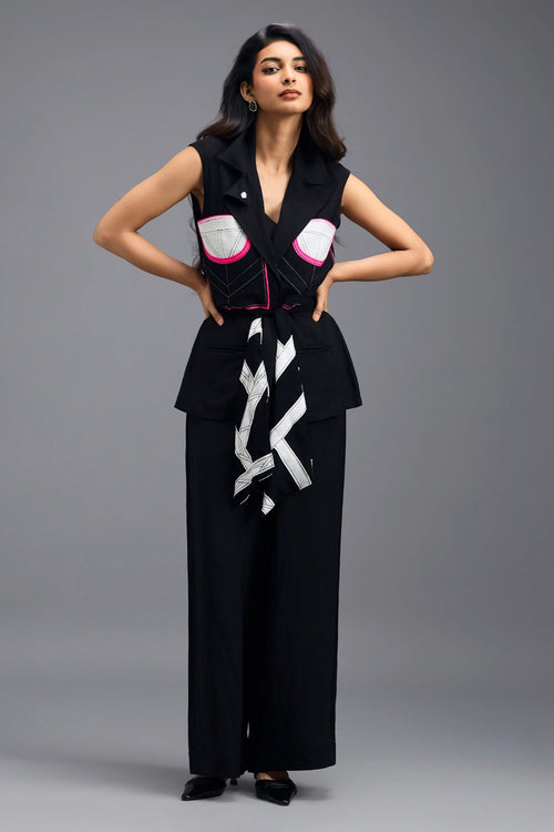 Black Sleeveless Blazer with Twisted Top and Trousers