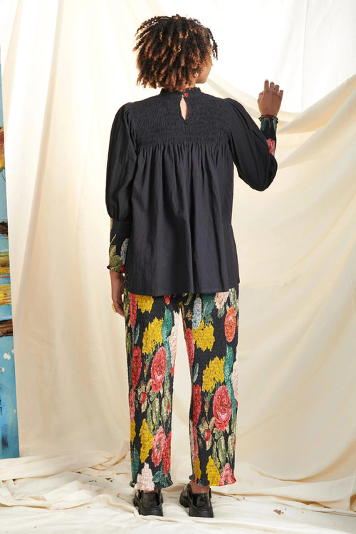 Black Big Rose Shirring Co-ord Set