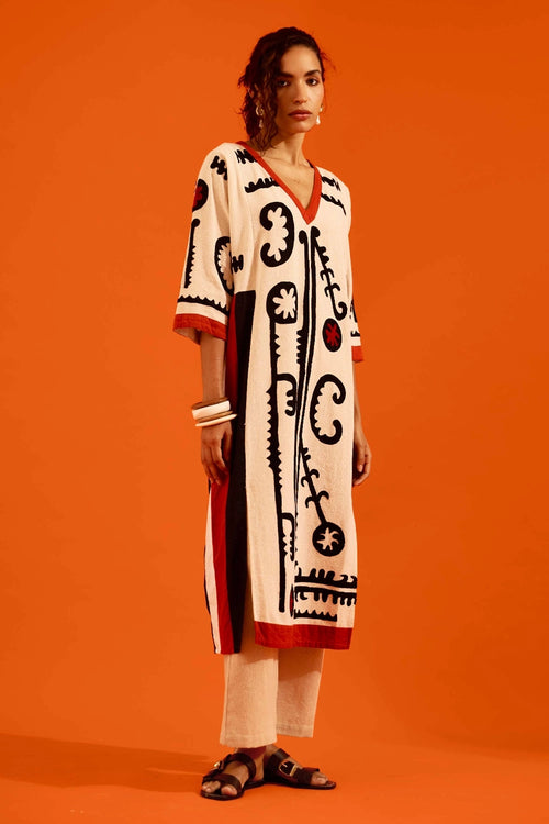 Natural Jute Embroidered Tunic Set with Maasai Motif