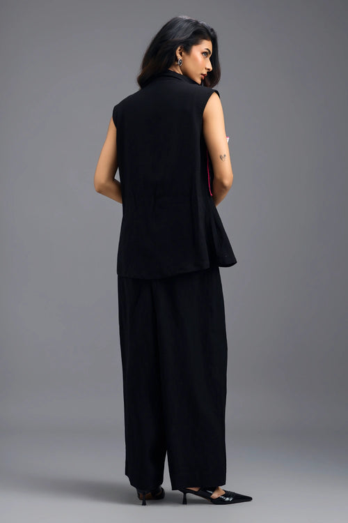 Black Sleeveless Blazer with Twisted Top and Trousers