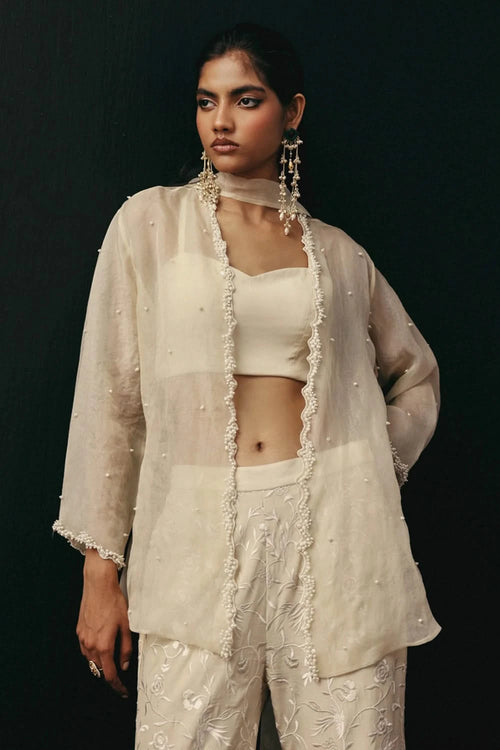 Organza Overlay Jacket with Silk Bandeau and Palazzos