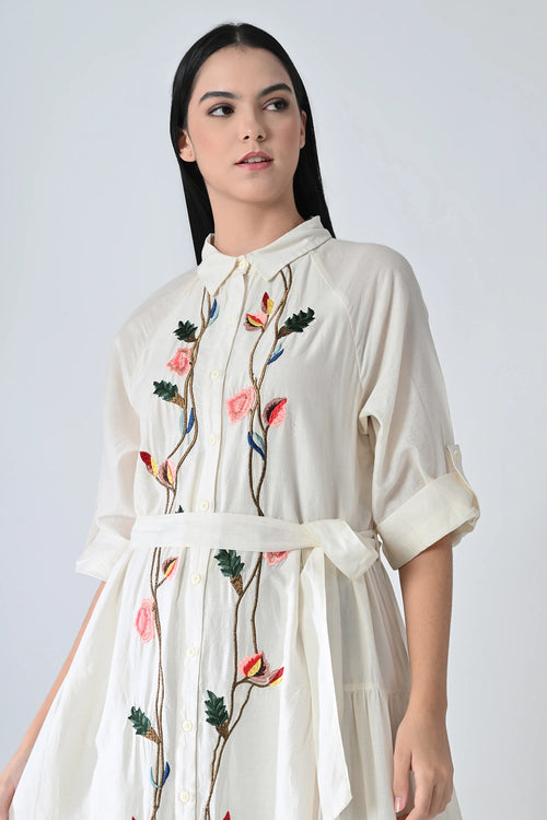 Ivory Floral Garden Embroidered  Long Dress