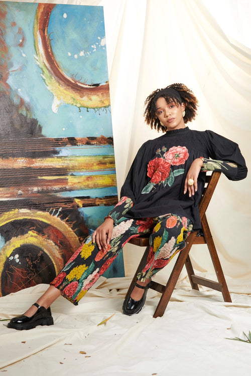 Black Big Rose Shirring Co-ord Set