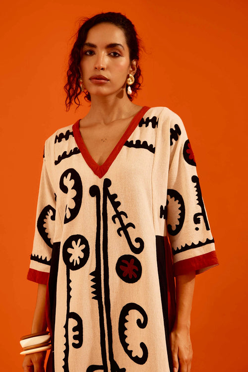 Natural Jute Embroidered Tunic Set with Maasai Motif