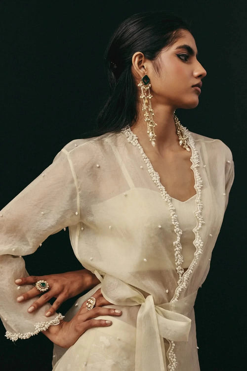 Organza Overlay Jacket with Silk Bandeau and Palazzos