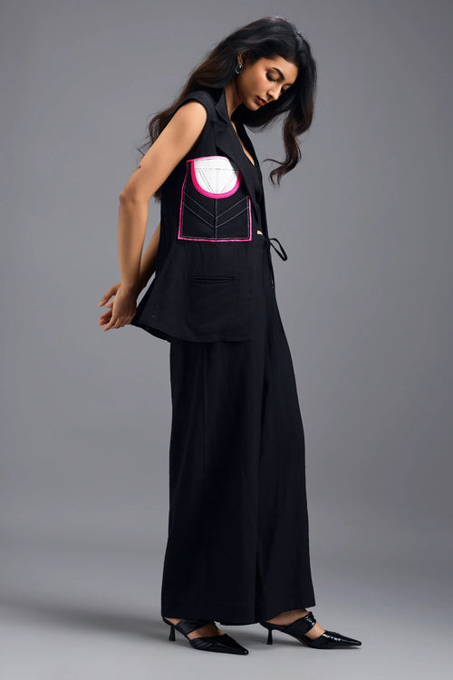 Black Sleeveless Blazer with Twisted Top and Trousers