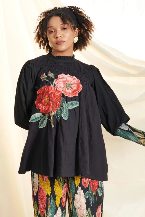 Black Big Rose Shirring Co-ord Set