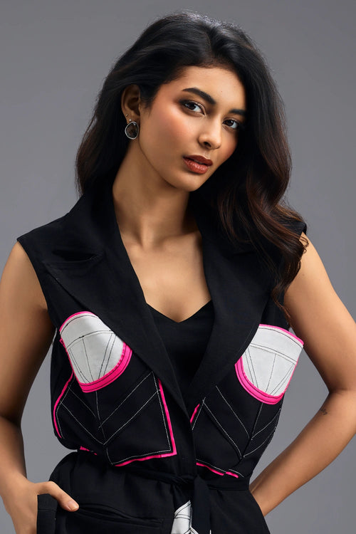 Black Sleeveless Blazer with Twisted Top and Trousers