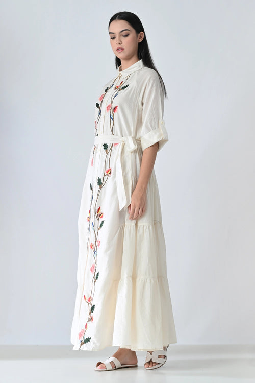 Ivory Floral Garden Embroidered  Long Dress