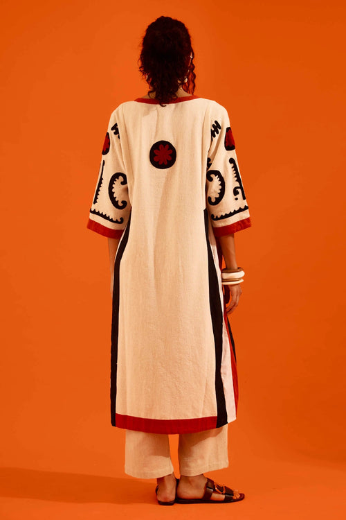 Natural Jute Embroidered Tunic Set with Maasai Motif