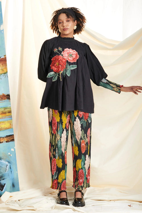 Black Big Rose Shirring Co-ord Set