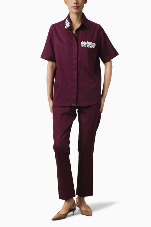 Burgundy Collar Pocket Swarovski Co-ord Set