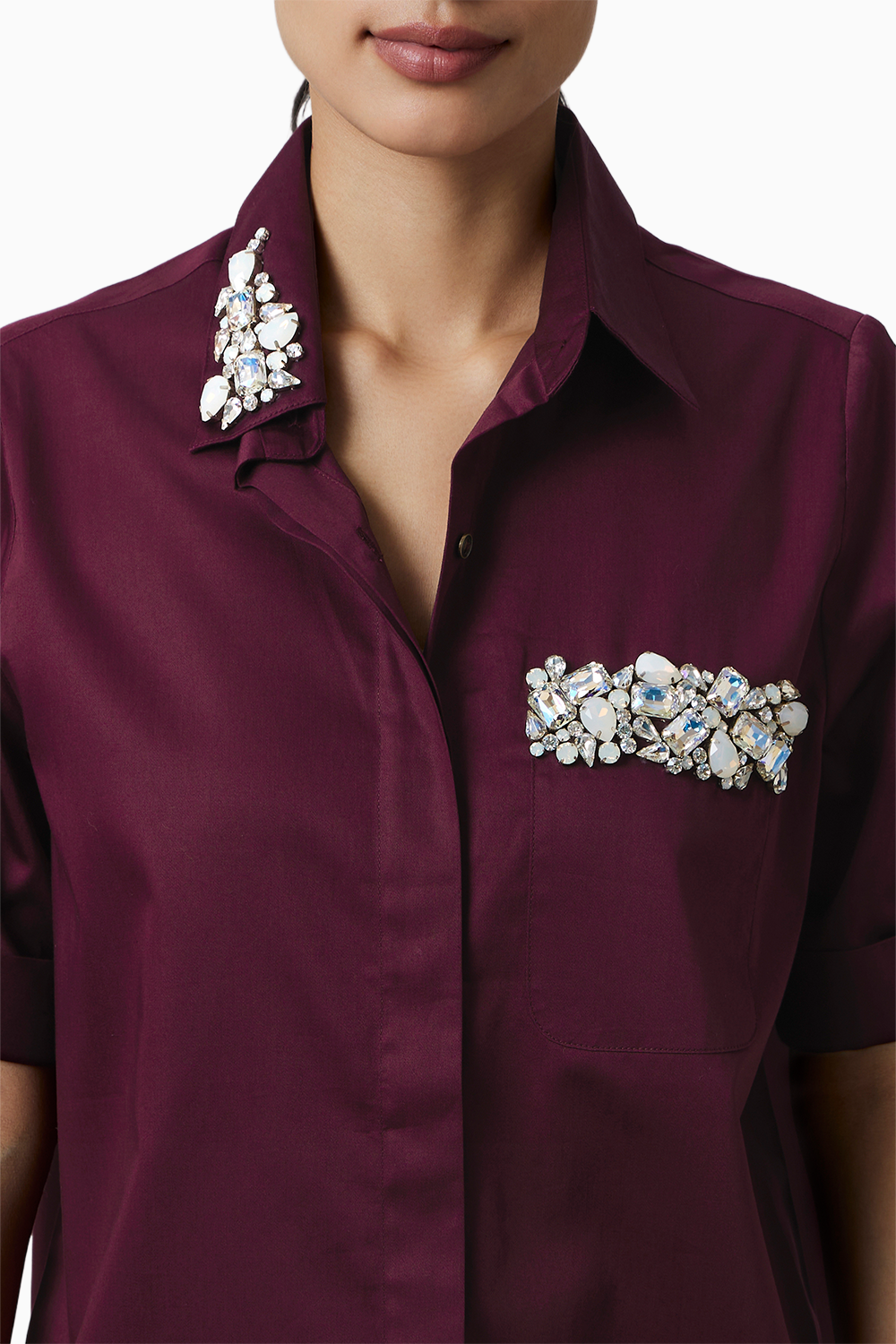 Burgundy Collar Pocket Swarovski Co-ord Set