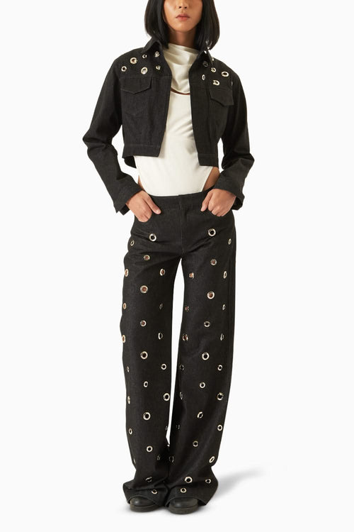 White Harley Bodysuit & Silver Eyelet Pant with Denny Jacket