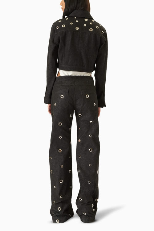 White Harley Bodysuit & Silver Eyelet Pant with Denny Jacket