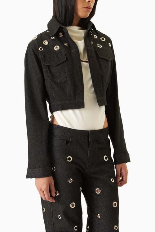 White Harley Bodysuit & Silver Eyelet Pant with Denny Jacket