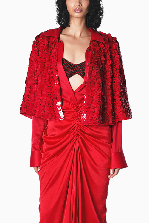 Red Shirt Blouse and Skirt Set with Sequence Max Cape