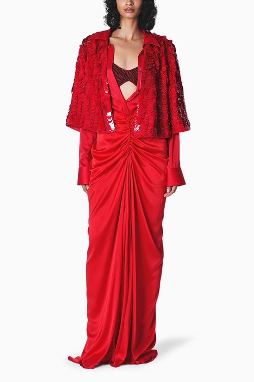 Red Shirt Blouse and Skirt Set with Sequence Max Cape