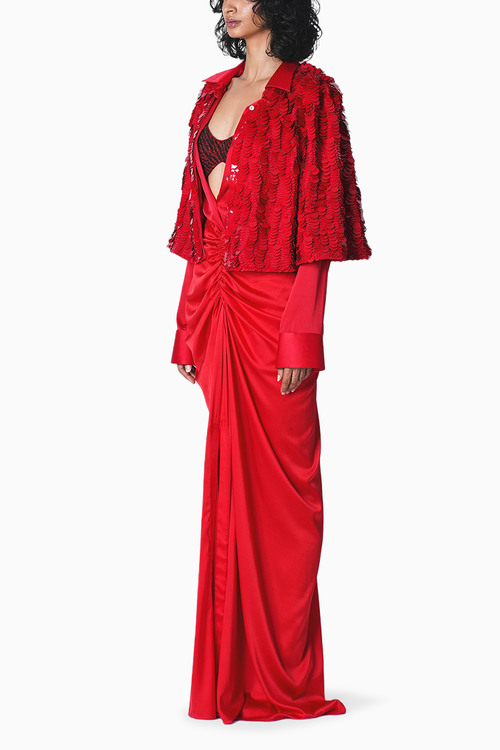 Red Shirt Blouse and Skirt Set with Sequence Max Cape