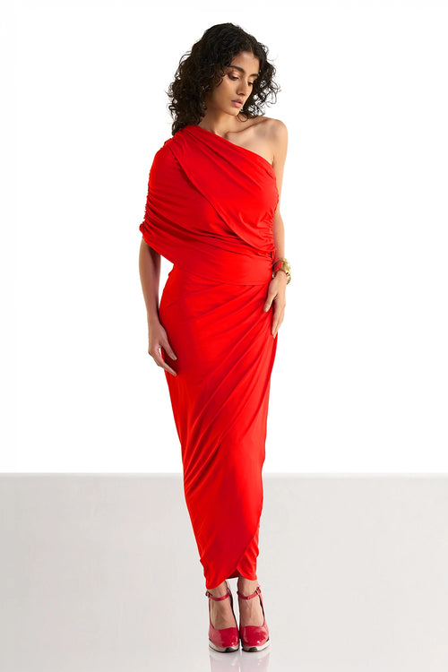 One Shoulder Draped Knit Top And Skirt Set
