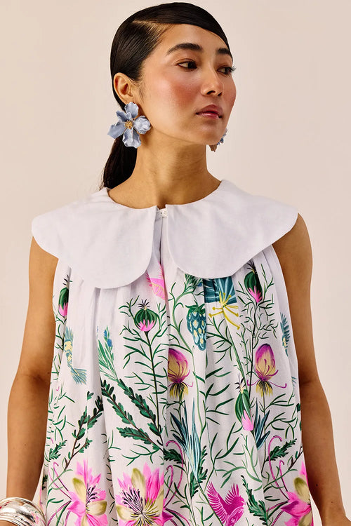 White Printed Peter Pan Collar Mini Dress