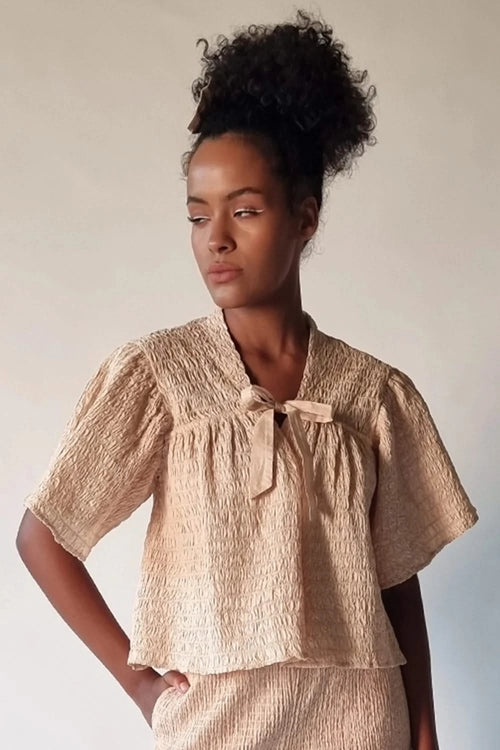 Aged Ivory Smocked Petal Sleeve Top